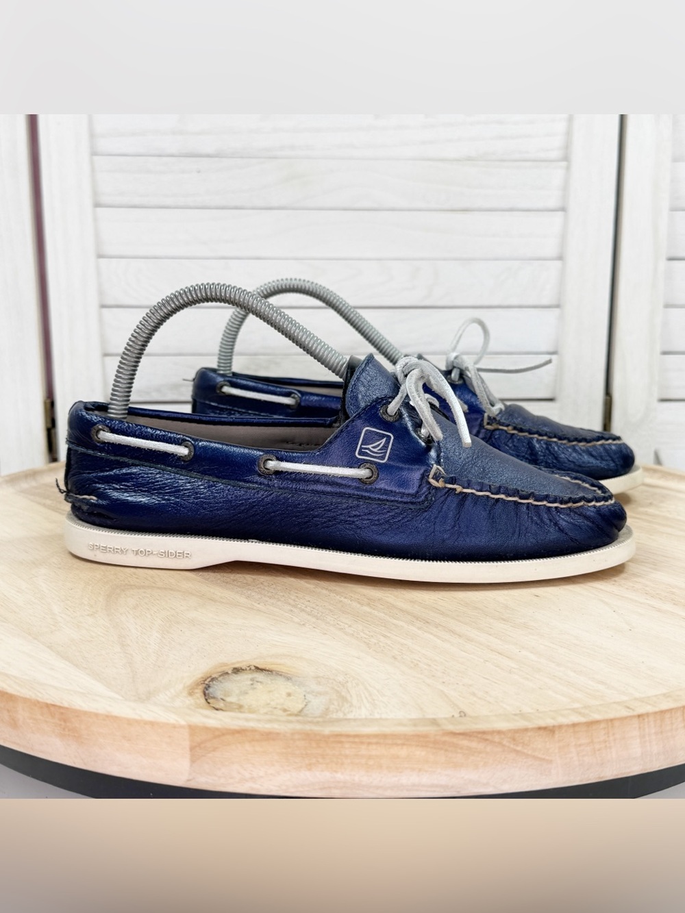 Sperry Top Sider Leather Boat Shoe Metallic Navy Blue Women Size 8 Slip On